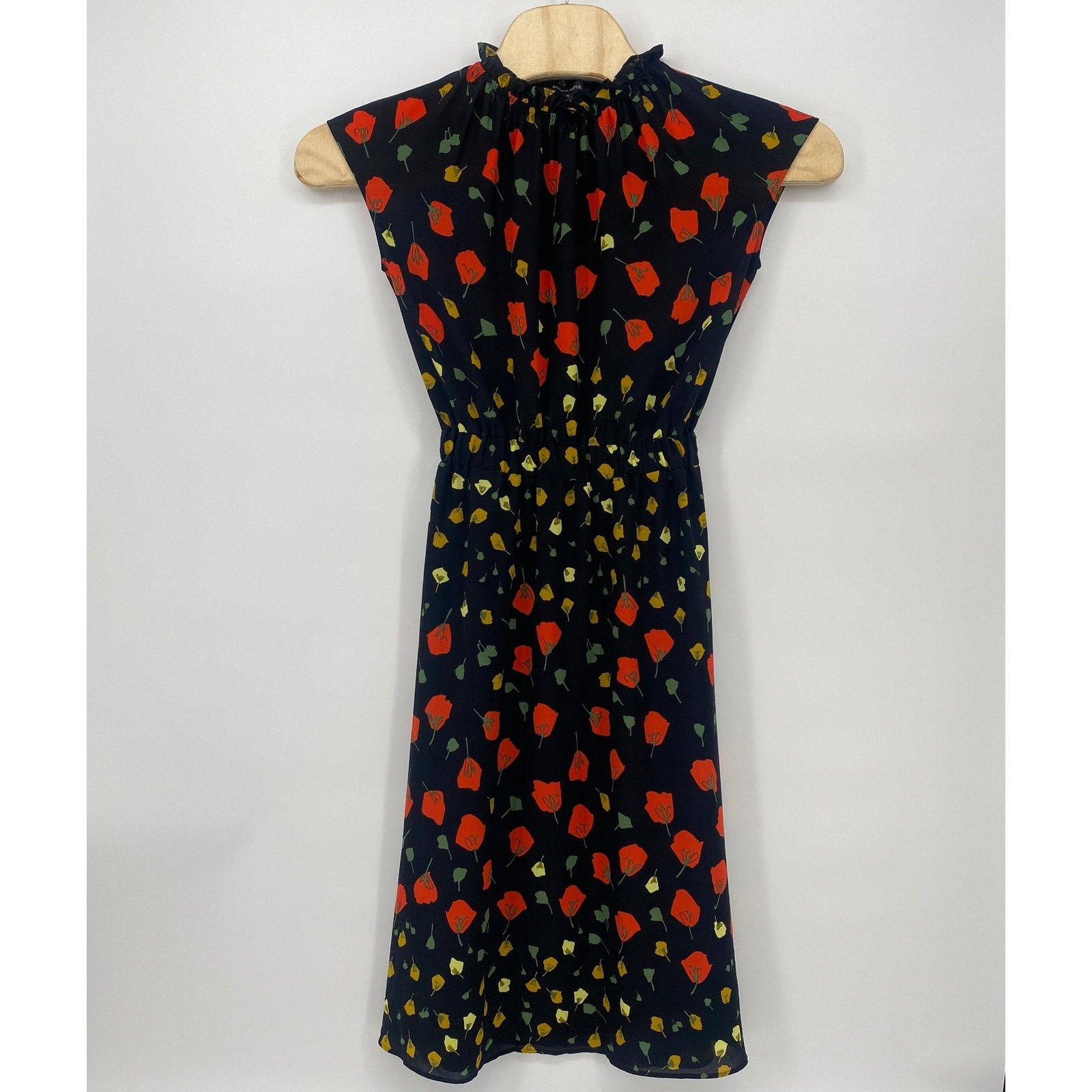 Banana Republic Floral Poppy Midi Dress 0 Black Excellent Sleeveless High Neck
